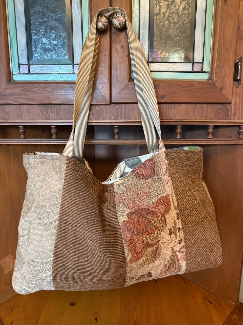 Handcrafted reversible Brown Patchwork Floral Tote Bag
